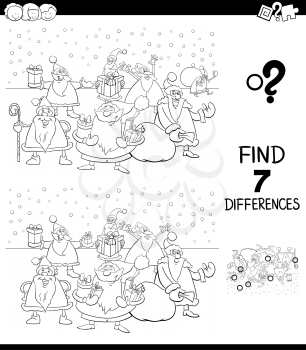 Black and White Cartoon Illustration of Finding Seven Differences Between Pictures Educational Game for Kids with Santa Claus Christmas Characters Coloring Book
