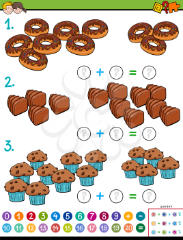 Cartoon Illustration of Educational Mathematical Addition Calculation Puzzle Game for Preschool and Elementary Age Children with Sweet Food