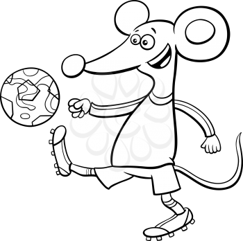 Black and White Cartoon Illustrations of Mouse Football or Soccer Player Character with Ball Coloring Book