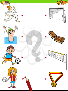Cartoon Illustration of Educational Pictures Matching Game for Children with Kid Characters and their Sport Activities