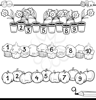 Black and White Cartoon Illustration of Educational Mathematical Activity for Children with Count to Ten Workbook