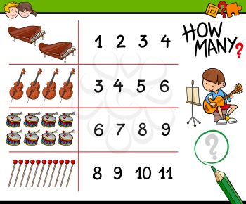 Cartoon Illustration of Educational How Many Counting Activity for Children with Musical Instruments