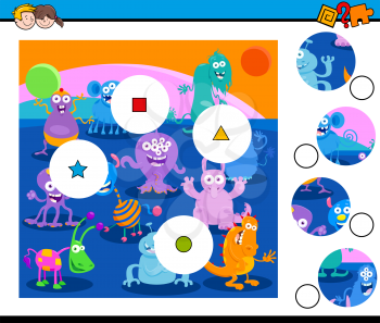 Cartoon Illustration of Educational Match the Pieces Jigsaw Puzzle Game for Children with Funny Monster Characters Group