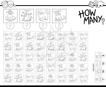 Black and White Cartoon Illustration of Educational Counting Game for Children with Dog Characters Coloring Book