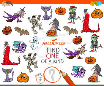 Cartoon Illustration of Find One of a Kind Picture Educational Activity Game for Children with Halloween Characters