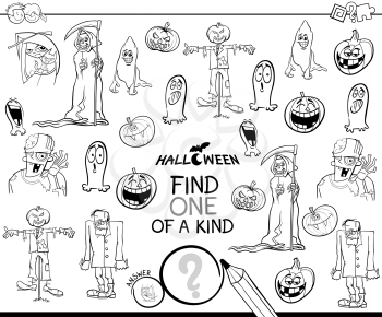 Black and White Cartoon Illustration of Find One of a Kind Picture Educational Game for Children with Halloween Characters Coloring Book