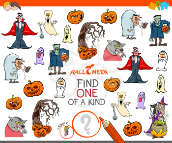 Cartoon Illustration of Find One of a Kind Picture Educational Game for Children with Halloween Theme Characters