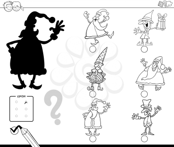 Black and White Cartoon Illustration of Finding the Right Shadow Educational Activity for Children with Christmas Characters Coloring Book