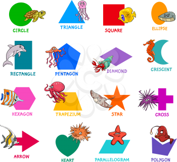 Educational Cartoon Illustration of Basic Geometric Shapes with Captions and Sea Life Animal Characters for Children
