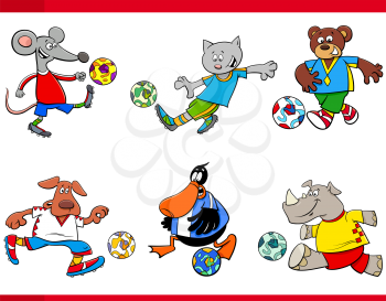 Cartoon Illustrations of Animal Football or Soccer Player Characters with Balls