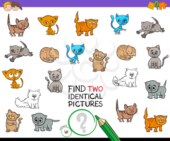 Cartoon Illustration of Finding Two Identical Pictures Educational Game for Kids with Kitten Characters