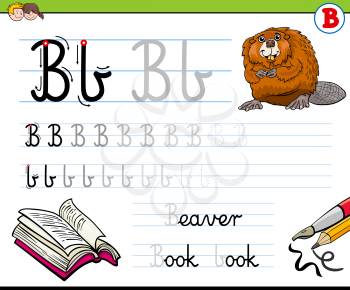 Cartoon Illustration of Writing Skills Practice with Letter B for Preschool and Elementary Age Children