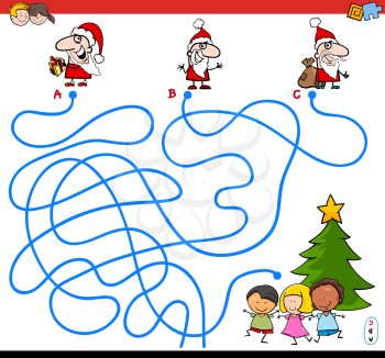 Cartoon Illustration of Lines Maze Puzzle Game with Christmas Santa Characters and Children