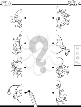 Black and White Cartoon Illustration of Educational Game of Matching Halves of Pictures with Sea Life Animals Coloring Book