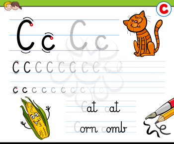 Cartoon Illustration of Writing Skills Practice Workbook with Letter C for Preschool and Elementary Age Children