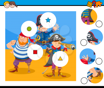 Cartoon Illustration of Educational Match the Pieces Jigsaw Puzzle Game for Children with Funny Pirate Characters