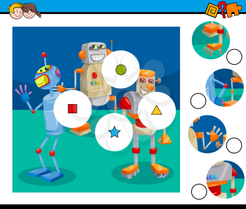 Cartoon Illustration of Educational Match the Pieces Jigsaw Puzzle Game for Children with Funny Robot Characters