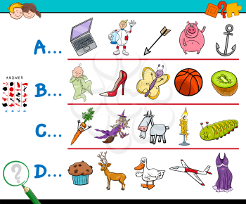 Cartoon Illustration of Finding Picture Starting with Referred Letter Educational Game Workbook for Children