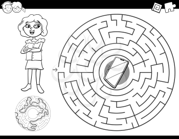 Black and White Cartoon Illustration of Education Maze or Labyrinth Activity Game for Children with Girl and Smart Phone Coloring Book