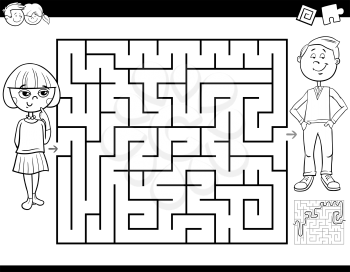Black and White Cartoon Illustration of Education Maze or Labyrinth Activity Game for Children with Girl and Boy Coloring Book