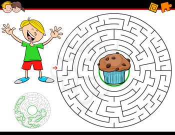 Cartoon Illustration of Education Maze or Labyrinth Activity Game for Children with Boy and Muffin