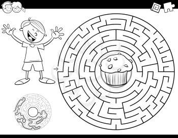 Black and White Cartoon Illustration of Education Maze or Labyrinth Activity Game for Children with Boy and Muffin Coloring Book