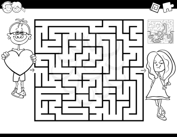 Black and White Cartoon Illustration of Education Maze or Labyrinth Activity Game for Kids with Boy in Love and Girl Coloring Book