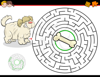 Cartoon Illustration of Education Maze or Labyrinth Activity Game for Children with Dog and Bone