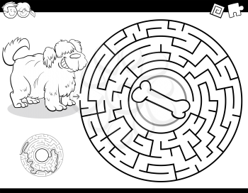 Black and White Cartoon Illustration of Education Maze or Labyrinth Activity Game for Children with Dog and Bone Coloring Book