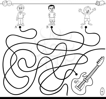 Black and White Cartoon Illustration of Paths or Maze Puzzle Game with Boys and Electric Guitar Coloring Book