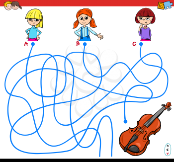 Cartoon Illustration of Paths or Maze Puzzle Game with Girls and Violin