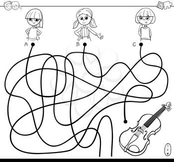 Black and White Cartoon Illustration of Paths or Maze Puzzle Game with Girls and Violin Coloring Book