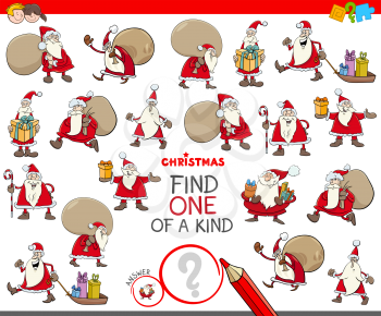 Cartoon Illustration of Find One of a Kind Picture Educational Activity Game for Children with Christmas Santa Characters