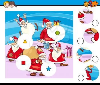 Cartoon Illustration of Educational Match the Pieces Jigsaw Puzzle for Kids with Santa Claus Characters