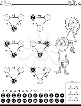 Black and White Cartoon Illustration of Educational Mathematical Calculation Diagram Task for Kids Coloring Book