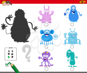 Cartoon Illustration of Finding the Right Shadow Educational Activity for Children with Monster Characters