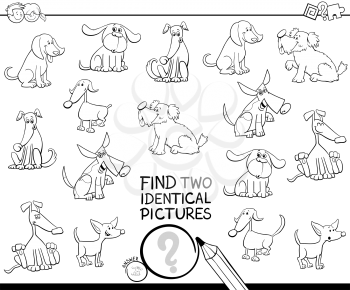 Black and White Cartoon Illustration of Finding Two Identical Pictures Educational Game for Kids with Dog Characters Coloring Book