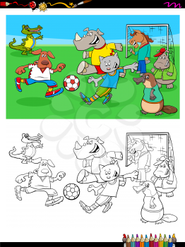 Cartoon Illustration of Animal Characters Playing Football or Soccer Coloring Book Worksheet