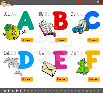 Cartoon Illustration of Capital Letters Alphabet Educational Set for Reading and Writing Practise for Children from A to F