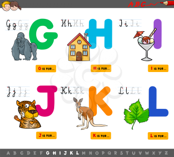 Cartoon Illustration of Capital Letters Alphabet Educational Set for Reading and Writing Practise for Children from G to L
