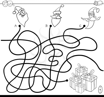 Black and White Cartoon Illustration of Lines Maze Puzzle Game with Christmas Santa Characters Coloring Book