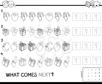 Black and White Cartoon Illustration of Completing the Pattern Educational Game for Children with Christmas Characters Color Book
