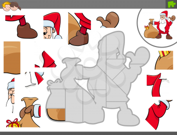 Cartoon Illustration of Educational Jigsaw Puzzle Game for Children with Santa Claus Christmas Character