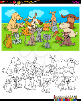 Cartoon Illustration of Cats and Dogs Animal Characters Group Coloring Book Worksheet