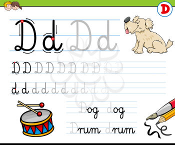 Cartoon Illustration of Writing Skills Practice with Letter D for Preschool and Elementary Age Children