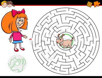 Cartoon Illustration of Education Maze or Labyrinth Activity Game for Children with Girl and Puppy