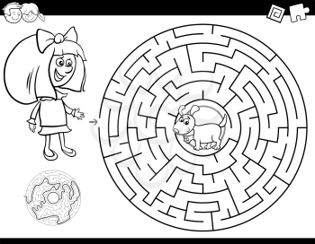 Black and White Cartoon Illustration of Education Maze or Labyrinth Activity Game for Children with Girl and Puppy Coloring Book