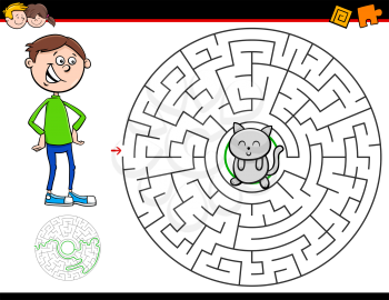 Cartoon Illustration of Education Maze or Labyrinth Activity Game for Children with Boy and Kitten