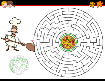 Cartoon Illustration of Education Maze or Labyrinth Activity Game for Children with Chef and Pizza