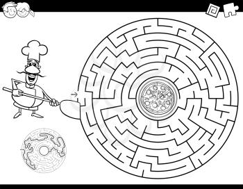 Black and White Cartoon Illustration of Education Maze or Labyrinth Activity Game for Children with Chef and Pizza Coloring Book